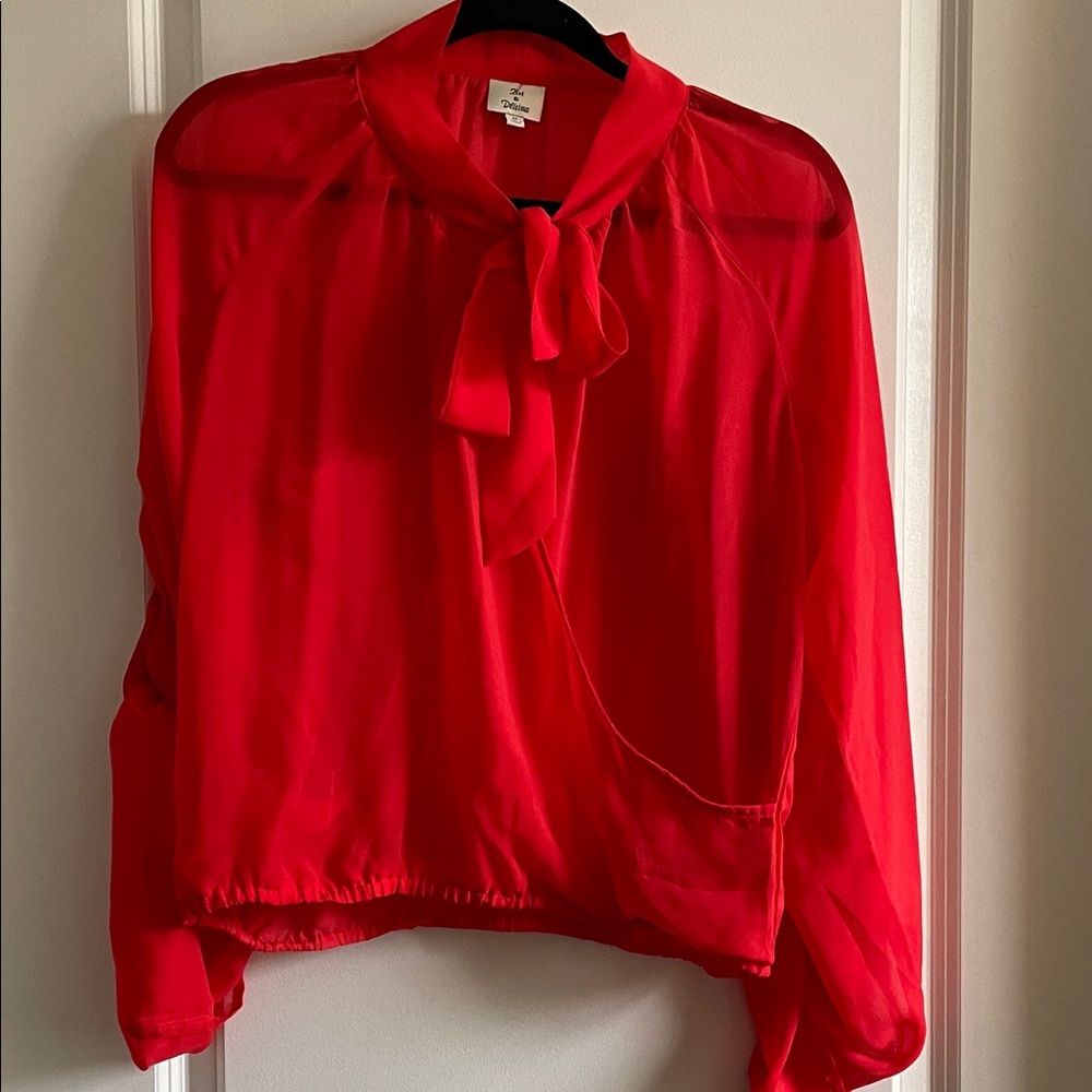Red Blouse sheer wrap front tie neck blouse vibrant sexy